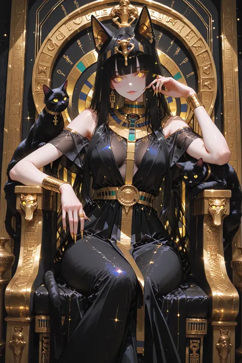 masterpiece, best quality, very aesthetically pleasing, high contrast, newest, 1 divinely beautiful girl, black hair, cat ears, cat tail, egyptian woman, golden eyes, glowing eye, long hair, free flowing hair, golden clawed nails, sharp elongated nails, on...