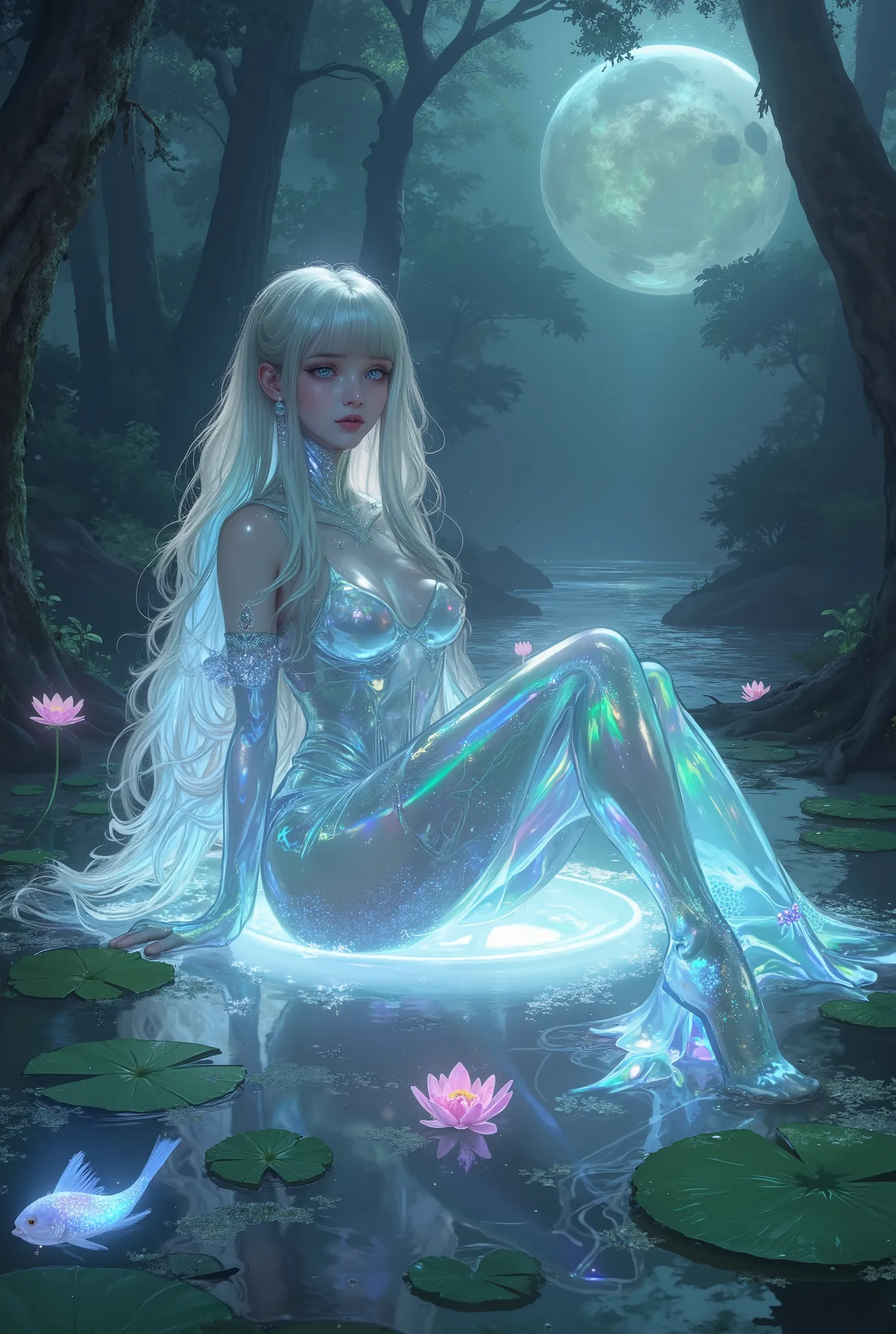 (best quality, 4k, highres, masterpiece:1.2) , ultra-detailed, (realistic, photorealistic:1.37), a serene water spirit named Cylil, sitting gracefully on a glowing, moonlit lily pad floating on a mystical pond surrounded by ancient trees and mist. Her tran...