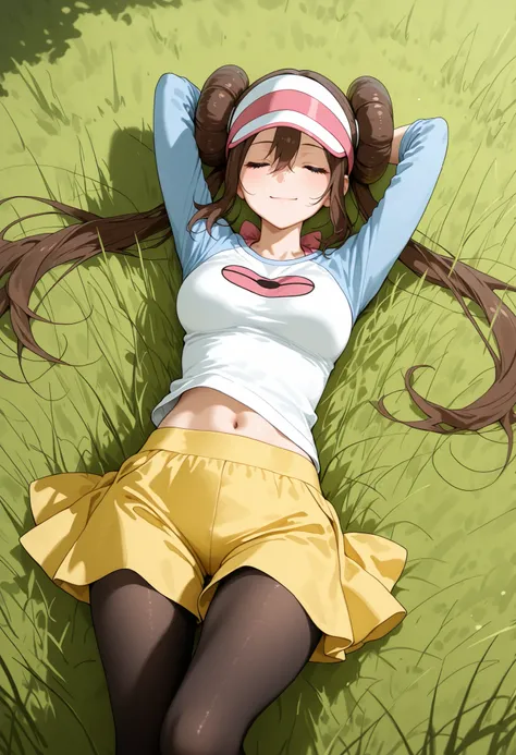 score_9, score_8_up, score_7_up, nh, lying, lying on grass, grass, smile, eyes closed, 1girl, solo, outdoors, rosa, brown hair, double bun, hair bun, hair between eyes, twintails, pantyhose, pantyhose under shorts, raglan sleeves, yellow skirt, white shirt...