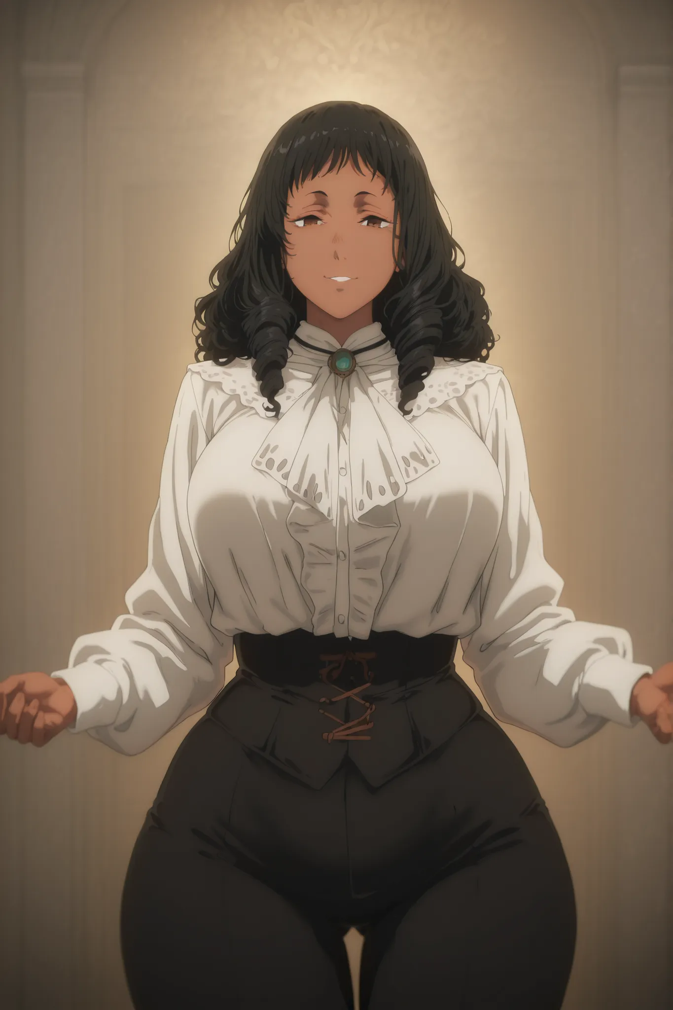 masterpiece,best quality,amazing quality, Anime, Close-up portrait of a tall and elegant young Afro-Swedish woman from the Victorian era (1889), in the anime style of "Moriarty the Patriot". She is 28 years old, with an oval face and a serene and warm expr...