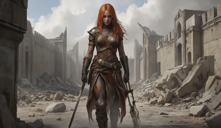 beautiful woman, warrior, long red hair, dark skin, muscular trained body, lightweight leather armor, mine, heroic pose, scabbed weapon on a belt, ruined walled city. 
