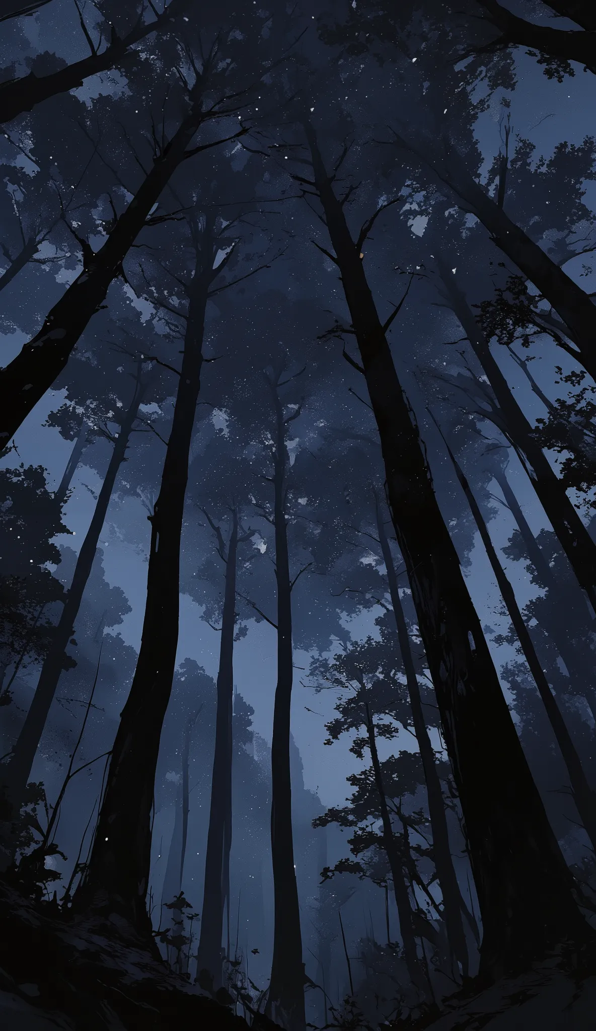 The image depicts a nighttime scene of a forest with tall, slender trees stretching upwards towards a dark sky. The trees are silhouetted against a faint, cloudy backdrop, creating a sense of depth and perspective. Scattered throughout the sky are small, b...