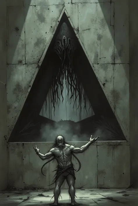A man with no skin standing in front of a large black triangle on a concrete wall. He beckons with outstretched arms in the darkness as tentacles reach out from the blackness of the triangle. Dim lighting from torches, Eldritch Horror, surreal, macabre, go...