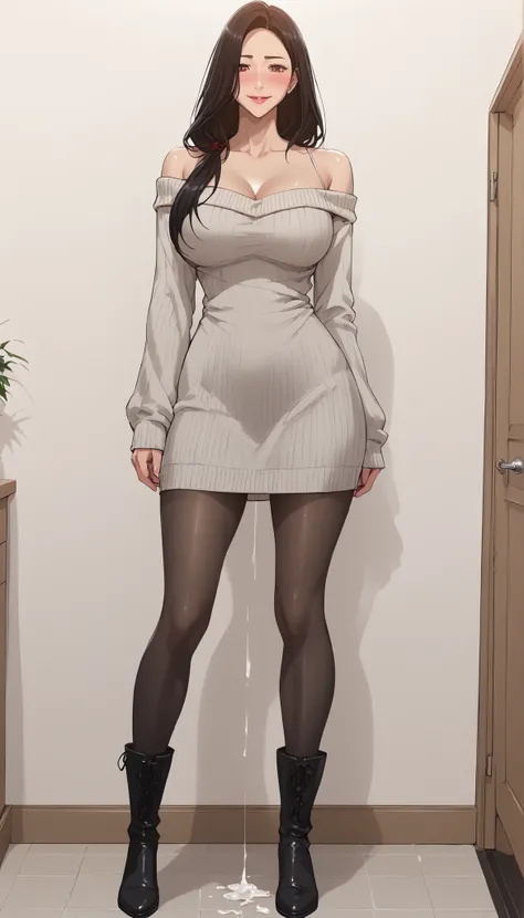 full body photo , an ultra-realistic portrait of a 40-year-old woman , adult woman, housewife, black hair, brown eyes, long hair, big chest, white dress, open sweater, off-shoulder, black pantyhose, She is also wearing thigh-high black leather boots, milf,...