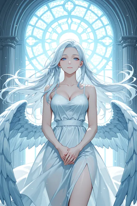A girl with long white hair and blue eyes and a white dress and big angel wings