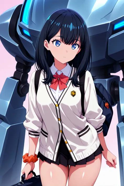 (ultra-detailed),
(masterpiece),(best quality),high score,highres,incredibly absurdres,anime screencap,pastel colors,anime,shiny skin,
Balanced upper and lower body structure,

takarada rikka,SSSS.GRIDMAN,school uniform,
incredibly detailed beautiful black hair,long hair,bangs,bangs between eyes,shiny hair,
incredibly detailed beautiful blue eyes,bright pupils,incredibly detailed beautiful Pupil,Eyebrows visible through hair,eyelashes,
incredibly detailed beautiful jewels,jewelry,incredibly detailed beautiful medium breasts,
scrunchie,long sleeves,red bowtie,
collar shirt,white shirt,white cardigan,pocket,button,black miniskirt,pleated skirt,thighs,school bag,

((sfw)),
(1girl,solo,fullbody,no background)
pom-pom shorts,

with huge robot,