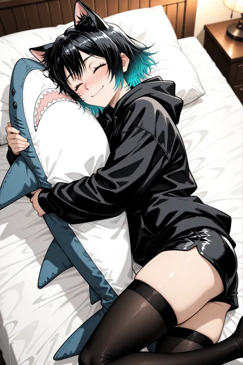 monochrome, hatching, jujutsu kaisen manga style, sketch, looking at viewer, 1 girl, cat ears, black hair, rainbow gradient hair, multicolored hair, closed eyes, short hair, androgynous, smile, full-face blush, black hoodie, black shorts, laying, in bed, h...
