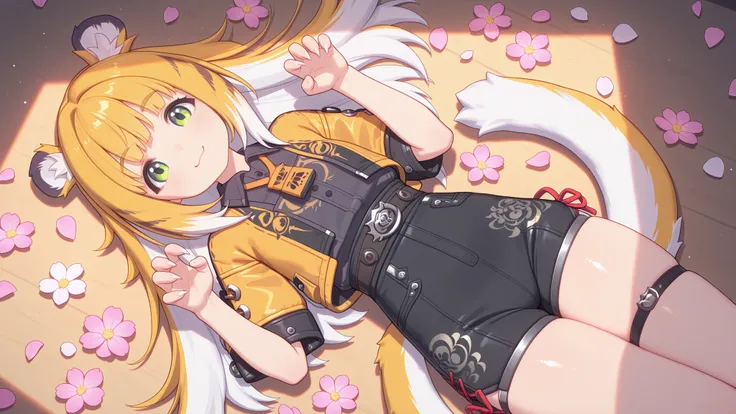 shiny skin, cat pose , lies on his back
JuFuFu,
Shine, Shine, sun beam, flower petals in the background
high angle, looks at the viewer,
sweet smile, shows claws,