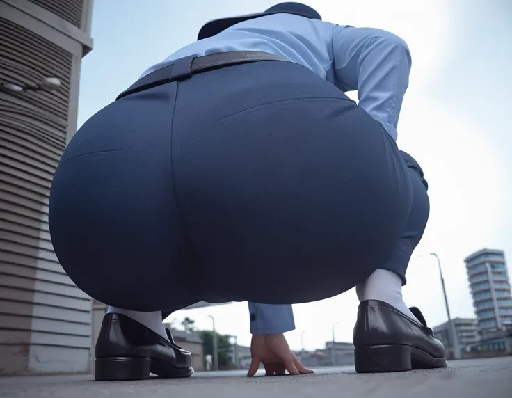(best quality,4k,highres:1.2)photoreal,japanese police woman ,close up ass ,curvy,penny loafers, from below,dark blue Cotton pants,squatting