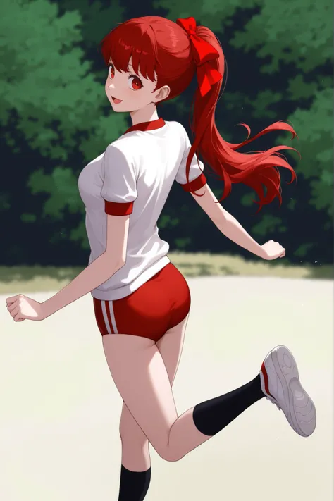 1 girl,Dynamic Poses,Black Socks,thick paint,masterpiece,full shot,Long Shot,beautiful red gradient eyes,Profiles:1.3,Soft Colors,,((Back Shot:1.4)),((Happiness Smile:1.4)),open mouth,((fit red buruma:1.6)),smooth texture:1.3,(Cute Jealousy),photorealistic...