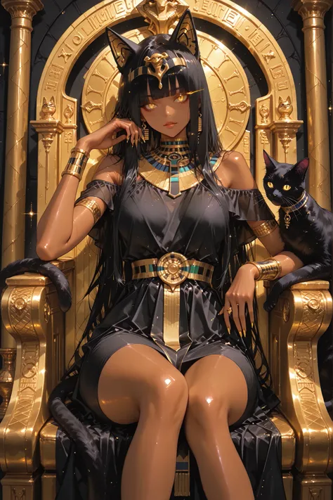 masterpiece, best quality, very aesthetically pleasing, high contrast, newest, 1 divinely beautiful girl, black hair, cat ears, cat tail, egyptian woman, tan skin, golden eyes, glowing eye, long hair, free flowing hair, golden clawed nails, sharp elongated...