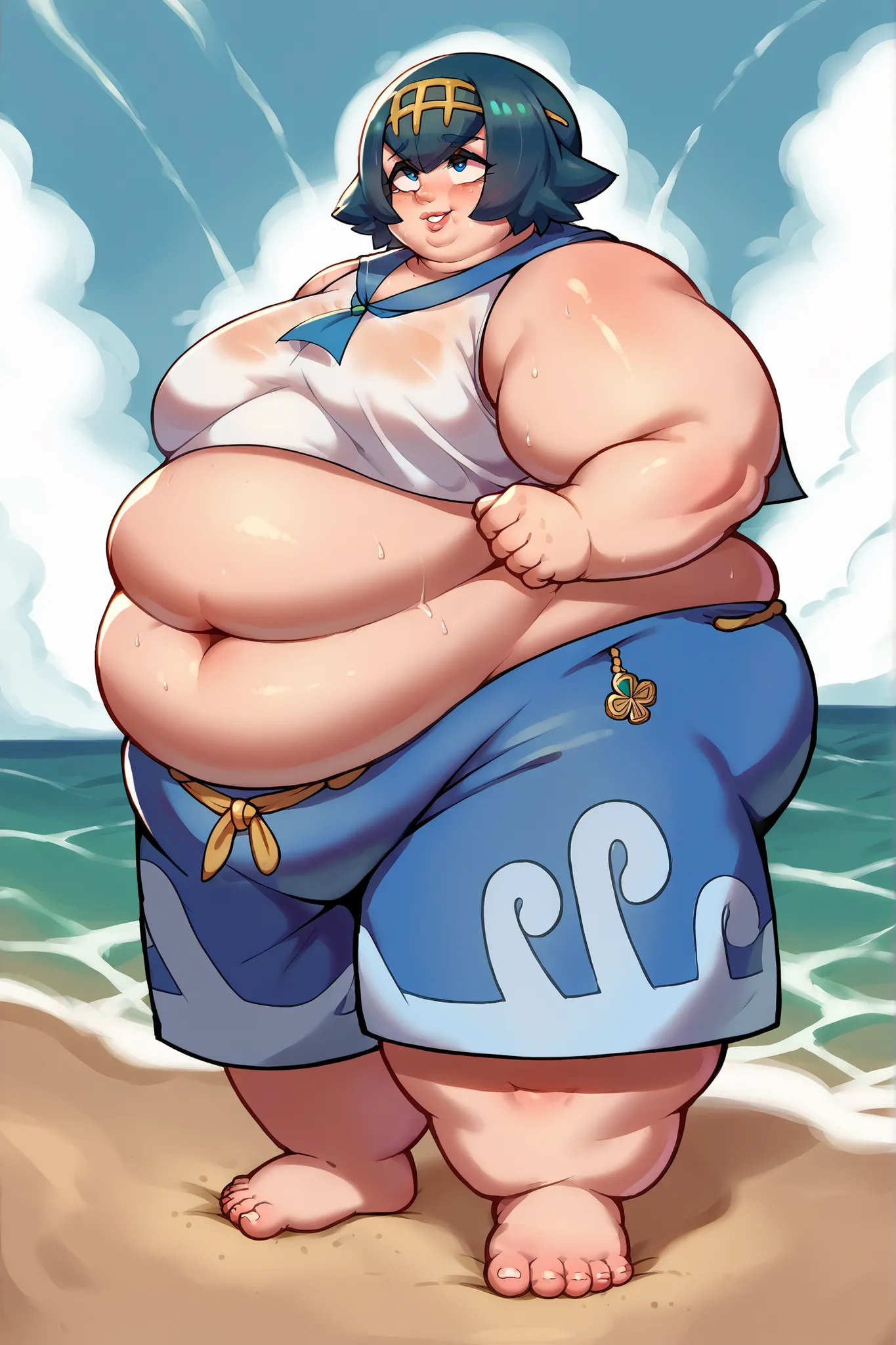 Score_9, Score_8_up, score_7_up, score_6_up, solo, 1lana1, blue hair, short hair, blue eyes, 2default2, yellow hairband, swimsuit under clothes, white shirt, sleeveless shirt, sailor collar, blue pants, baggy pants, cowboy shot, smile, beach, wave pattern ...