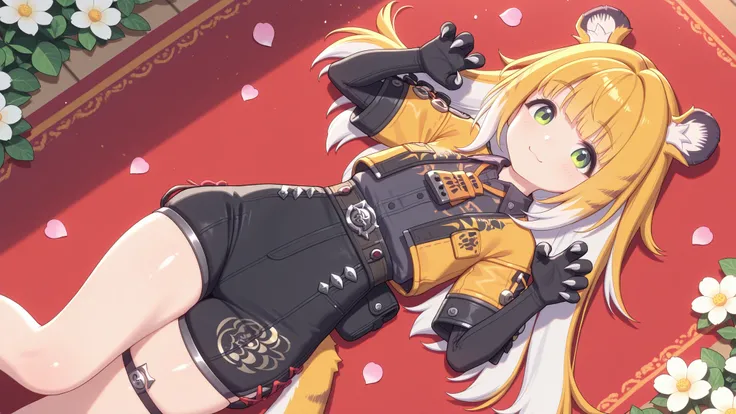 shiny skin, cat pose , lies on his back
JuFuFu,
Shine, Shine, sun beam, flower petals in the background
high angle, looks at the viewer,
sweet smile, shows claws,