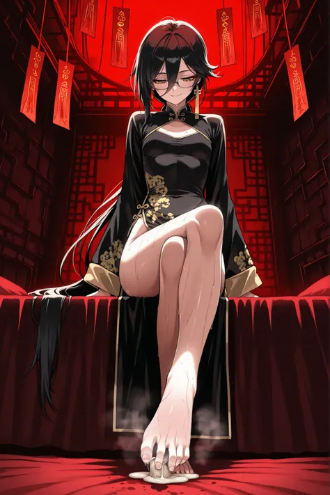 masterpiece, best quality, amazing quality, very aesthetic, foreshortening, 1 girl, taoist, wearing black and gold cheongsam, very long sleeves, have black hair, long bangs, low ponytail, extremely long ponytail, narrowed eyes, yellow eyes, glasses, chines...