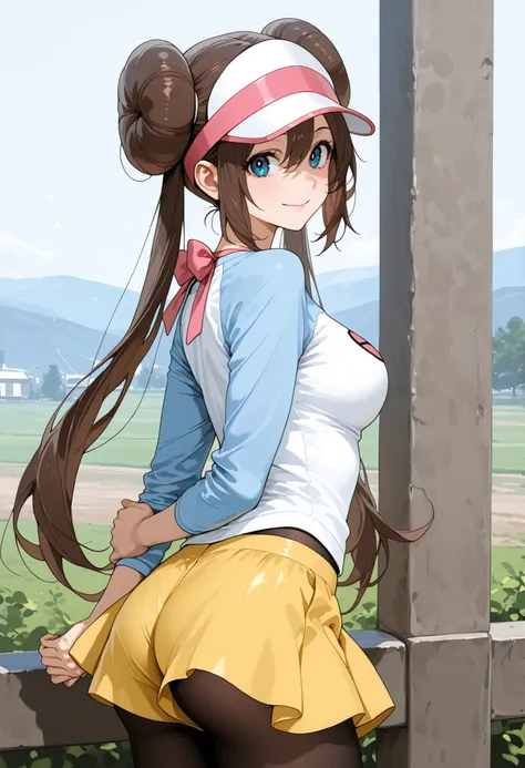 score_9, score_8_up, score_7_up, nh, 1girl, solo, smile, arm behind back, holding arm, outdoors, rocks, rosa, brown hair, double bun, hair bun, blue eyes, hair between eyes, twintails, pantyhose, pantyhose under shorts, raglan sleeves, yellow skirt, white ...