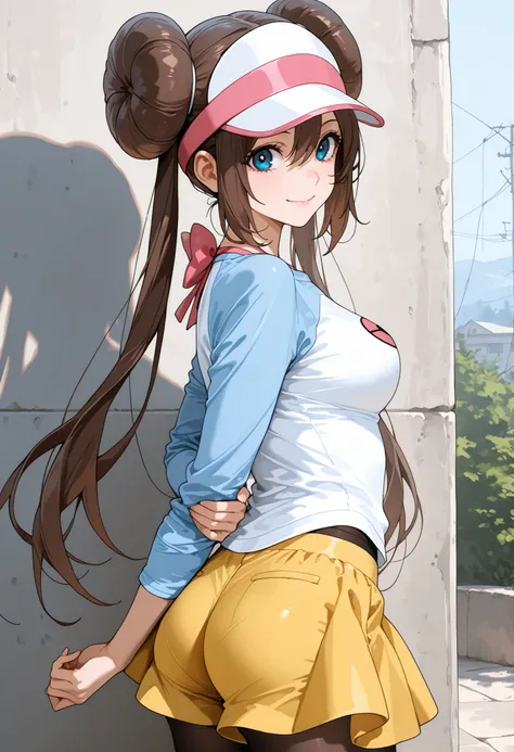 score_9, score_8_up, score_7_up, nh, 1girl, solo, smile, arm behind back, holding arm, outdoors, rocks, rosa, brown hair, double bun, hair bun, blue eyes, hair between eyes, twintails, pantyhose, pantyhose under shorts, raglan sleeves, yellow skirt, white ...