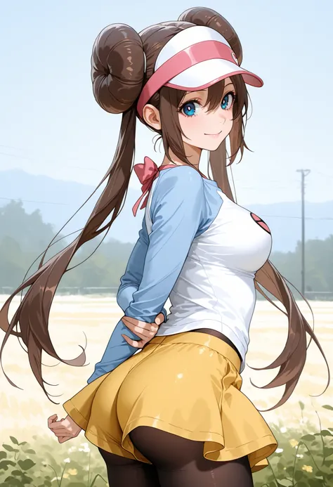 score_9, score_8_up, score_7_up, nh, 1girl, solo, smile, arm behind back, holding arm, outdoors, rocks, rosa, brown hair, double bun, hair bun, blue eyes, hair between eyes, twintails, pantyhose, pantyhose under shorts, raglan sleeves, yellow skirt, white ...
