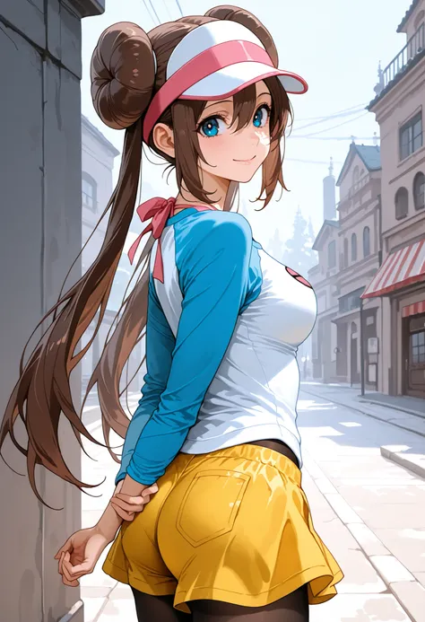 score_9, score_8_up, score_7_up, nh, 1girl, solo, smile, arm behind back, holding arm, outdoors, rocks, rosa, brown hair, double bun, hair bun, blue eyes, hair between eyes, twintails, pantyhose, pantyhose under shorts, raglan sleeves, yellow skirt, white ...