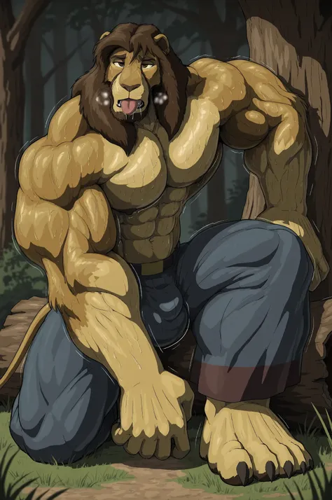 unparalleled masterpiece, best quality, amazing quality, very aesthetic, high resolution, full body portrait, solo, 

male, anthro lion, daddy, 
manly, masculine, dense muscles, bulging muscles, tall, small head, narrow waist, dark nipples, detailed brown ...