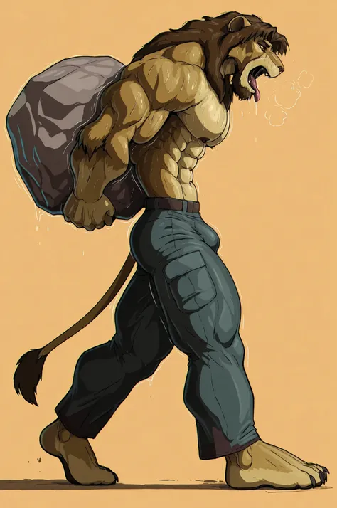 unparalleled masterpiece, best quality, amazing quality, very aesthetic, high resolution, full body portrait, solo, side view, 

male, anthro lion male, 
manly, masculine, muscular, tall, small head, narrow waist, broad shoulders, dark nipples, detailed br...