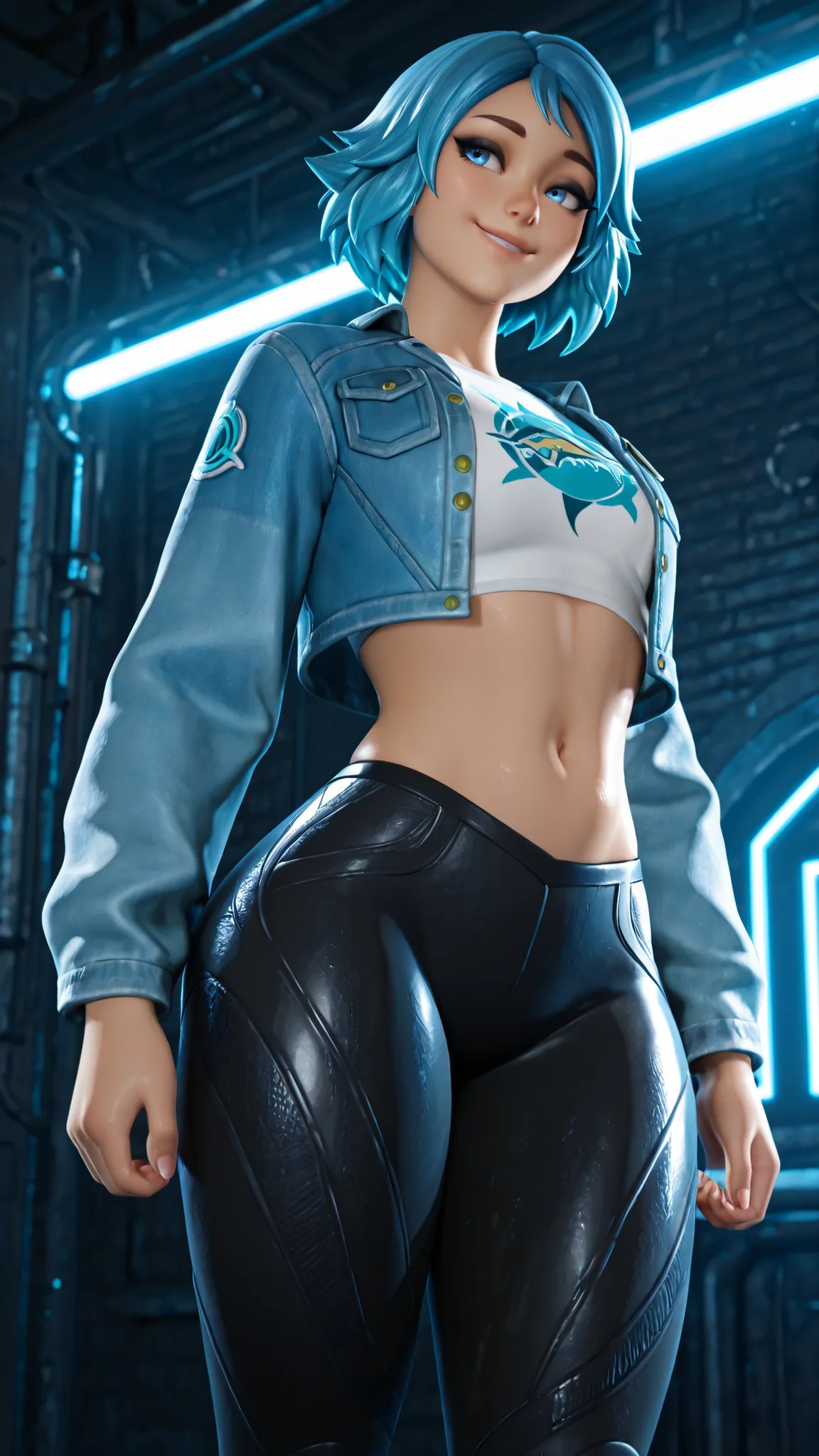 , hyper-detailed skin texture, perfect lighting, masterpiece, highest quality, amazing quality, 4K, very aesthetic, high resolution, black eyeshadow, blue eyes, 1 girl, alone, blue eyes, cropped jacket, blue hair, pants, jacket, abdomen, short hair, croppe...