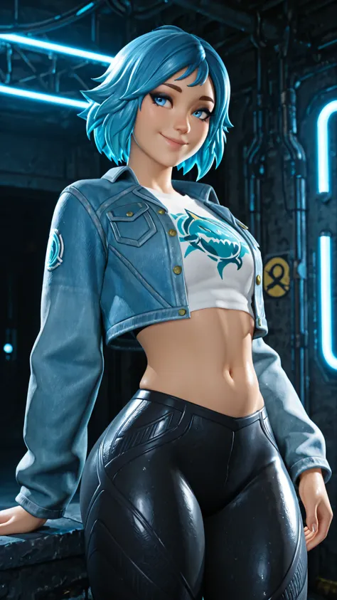 , hyper-detailed skin texture, perfect lighting, masterpiece, highest quality, amazing quality, 4K, very aesthetic, high resolution, black eyeshadow, blue eyes, 1 girl, alone, blue eyes, cropped jacket, blue hair, pants, jacket, abdomen, short hair, croppe...