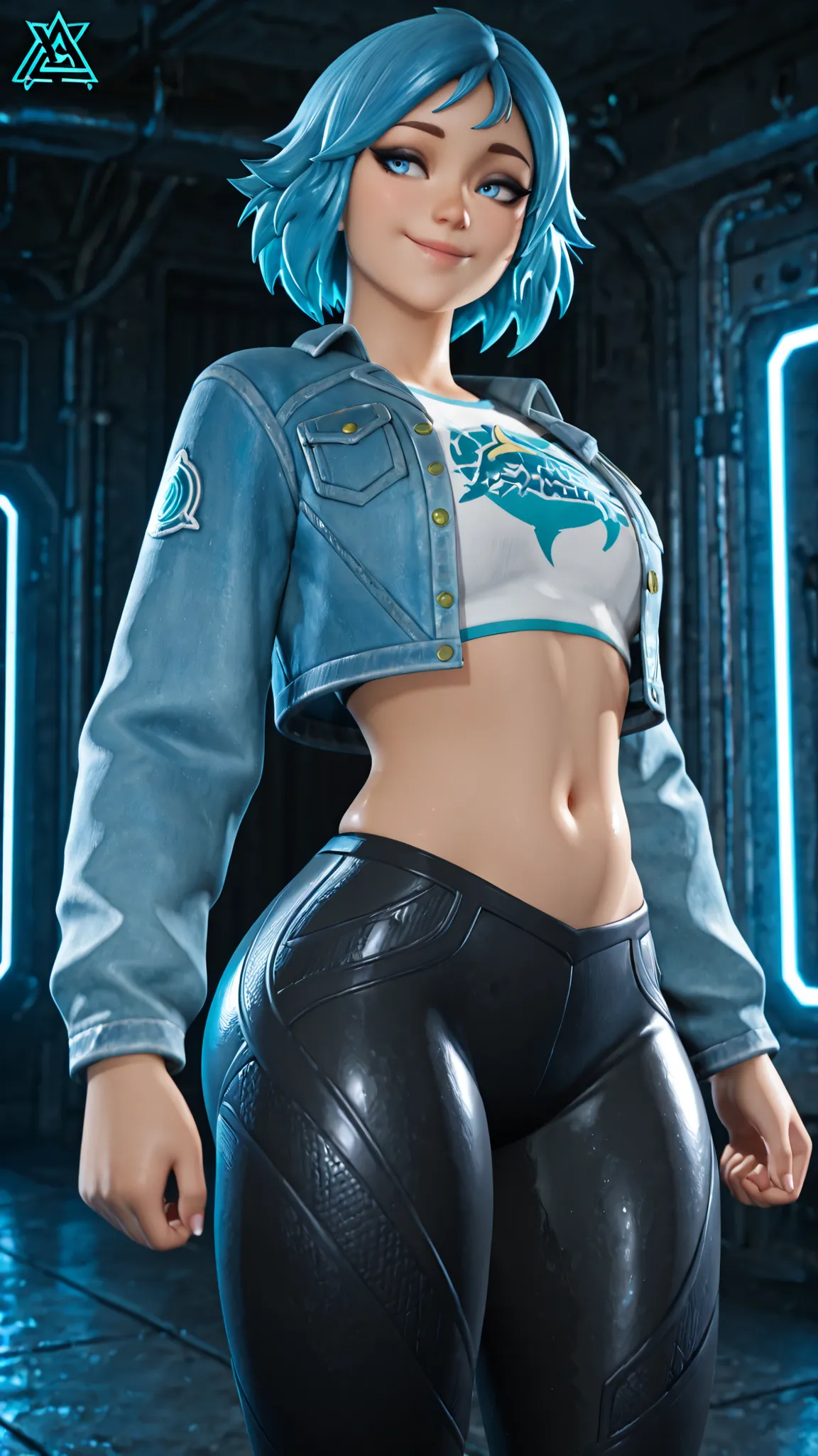  perfect lighting, masterpiece, highest quality, amazing quality, 4K, very aesthetic, high resolution, black eyeshadow, blue eyes, 1 girl, alone, blue eyes, cropped jacket, blue hair, pants, jacket, abdomen, short hair, cropped top, belly button, thick thi...