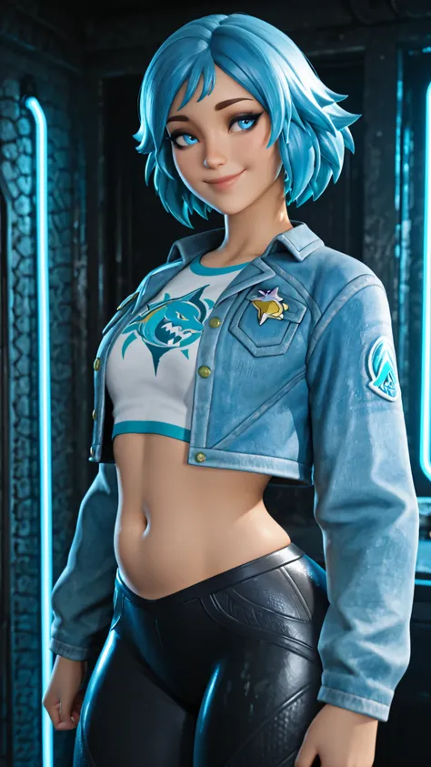  perfect lighting, masterpiece, highest quality, amazing quality, 4K, very aesthetic, high resolution, black eyeshadow, blue eyes, 1 girl, alone, blue eyes, cropped jacket, blue hair, pants, jacket, abdomen, short hair, cropped top, belly button, thick thi...