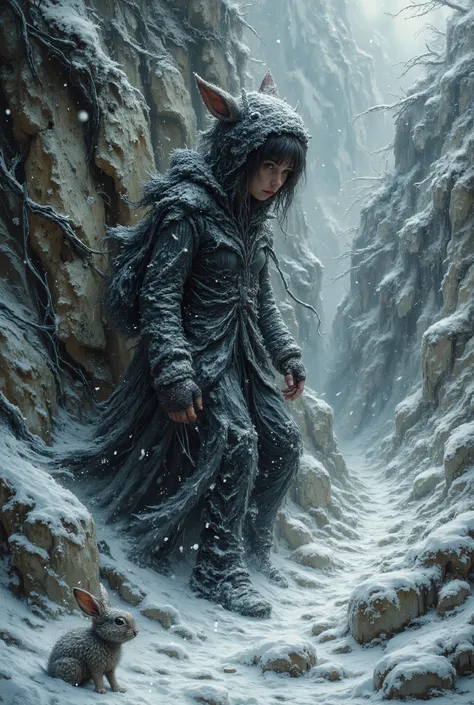 a lonely wanderer is walking between the high mountains on a path on in a ice cold winter night, thick and floating coat, fighting through the thick big snowflakes, a wild snowstorm sweeps around her and tugs at her clothes. a tiny cute rabbit with big lon...