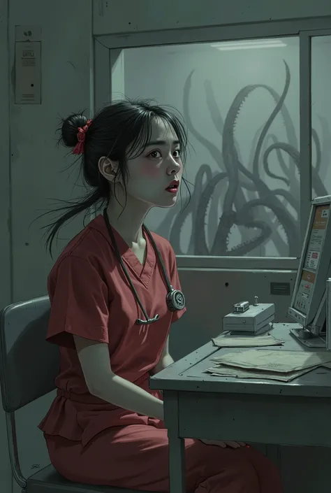 A frightened 20 year old Asian girl, beautiful face, black hair ties in a bun, wearing dark red nursing scrubs, sitting at a nursing station in a dark abandoned hospital, tentacles are coming up behind her in the background as she sits unaware, Eldritch ho...