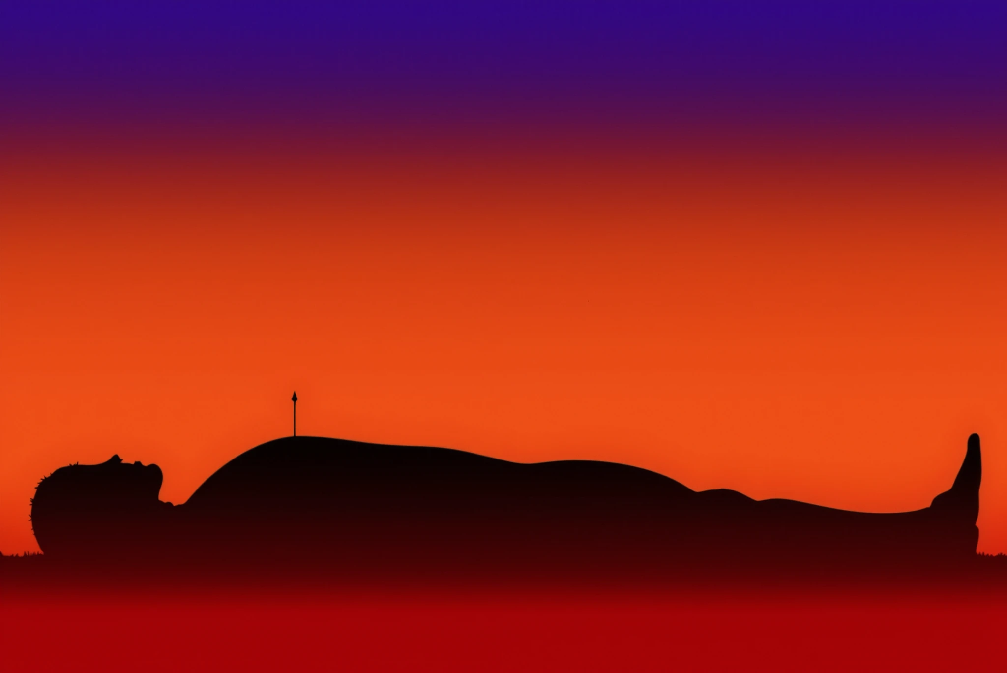 A realistic silhouette-style image of a colossal giant lying on his back across a blood-red battlefield. His massive figure, with six arms and three heads, is darkened against a sharply defined horizon line. The sky above burns in a fiery orange hue, casti...
