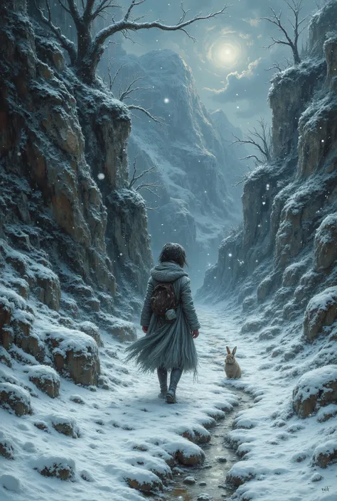 a lonely wanderer is walking between the high mountains on a path on in a ice cold winter night, thick and floating coat, fighting through the thick big snowflakes, a wild snowstorm sweeps around her and tugs at her clothes. a tiny cute rabbit with big lon...
