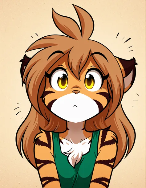 gaturo style, g4tur0,, masterpiece, best quality, very aesthetic, 1girl,, furry, solo, flora-twokinds, flora_twokinds,, tiger, striped fur, keidran, yellow eyes, anthro,, green shirt