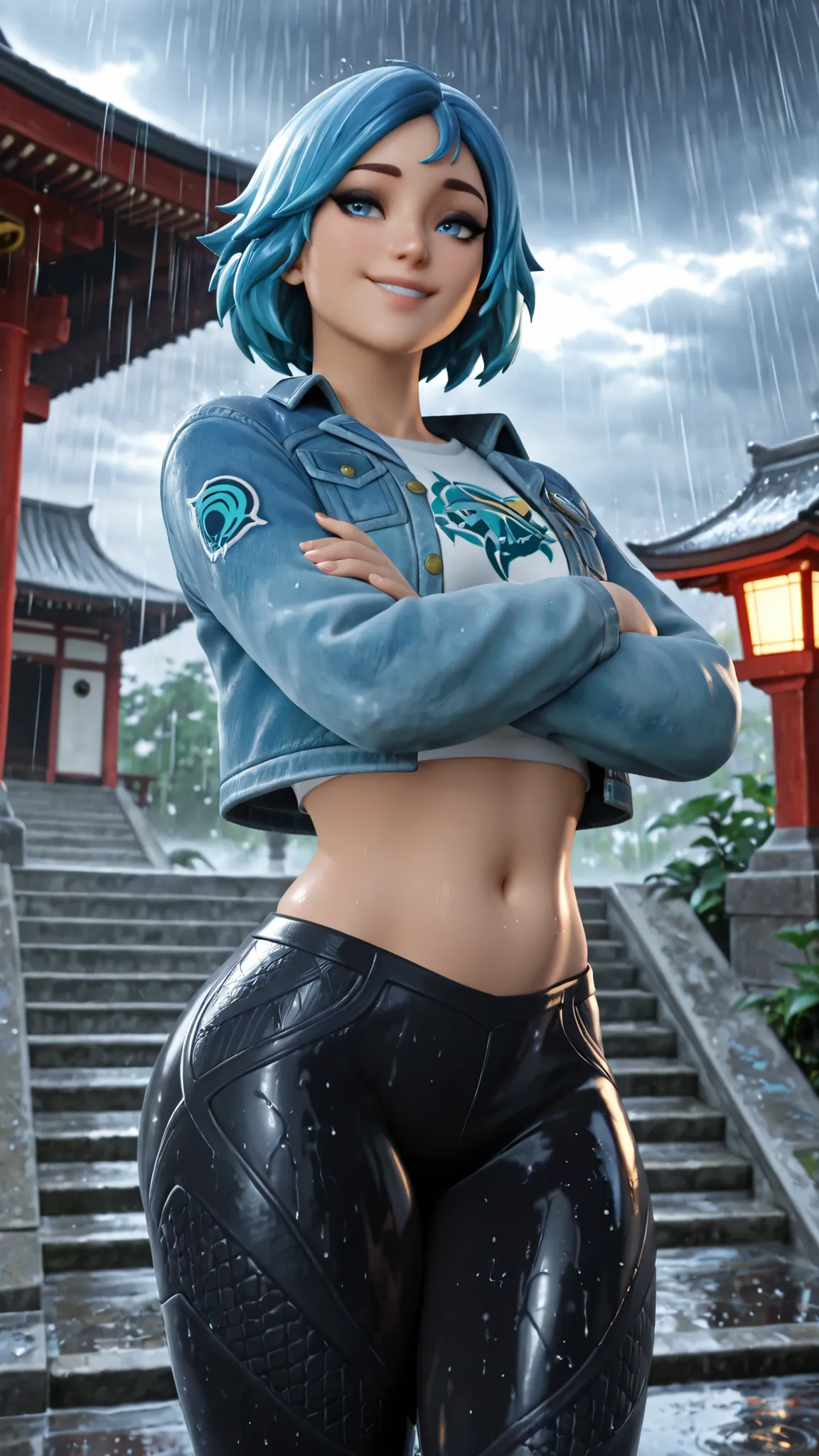 1 girl, perfect lighting, masterpiece, highest quality, amazing quality, 4K, very aesthetic, high resolution, black eyeshadow, blue eyes,alone, blue eyes, cropped jacket, blue hair, abdomen, short hair, cropped top, belly button, thick thighs, denim jacket...