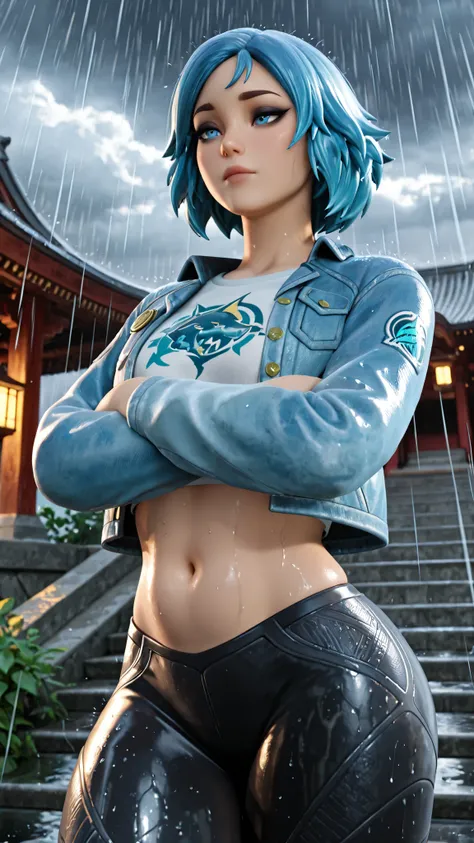 1 girl, perfect lighting, masterpiece, highest quality, amazing quality, 4K, very aesthetic, high resolution, black eyeshadow, blue eyes,alone, blue eyes, cropped jacket, blue hair, abdomen, short hair, cropped top, belly button, thick thighs, denim jacket...