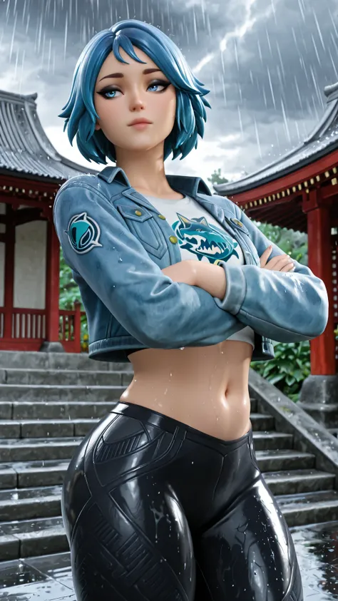 1 girl, masterpiece, black eyeshadow, blue eyes,alone, blue eyes, cropped jacket, blue hair, abdomen, short hair, cropped top, belly button, thick thighs, denim jacket, denim, leather pants, blue jacket, tight pants, exterior of an Asian Japanese garden, o...
