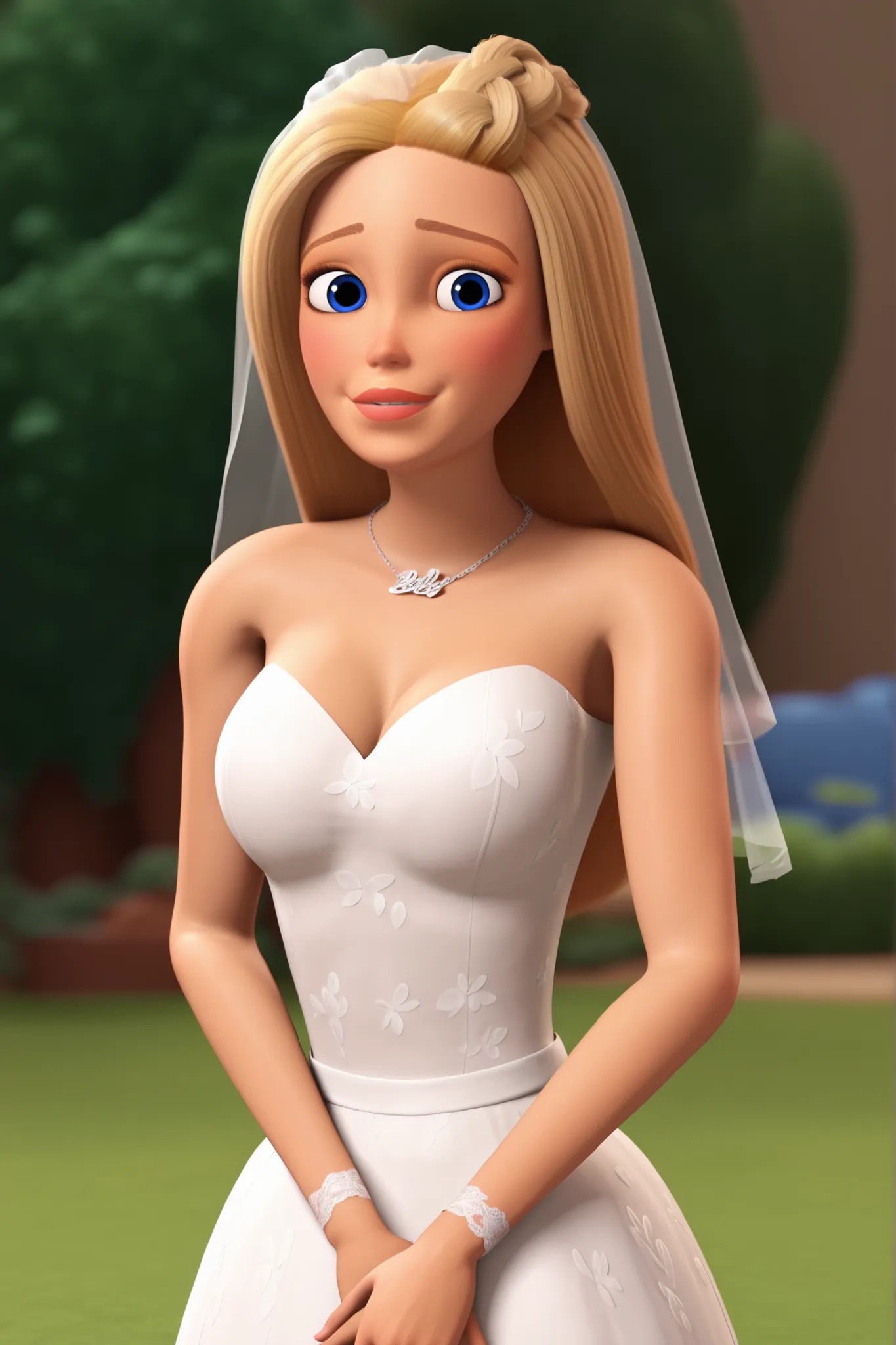 1 girl, 3D, Dreamhouse Adventures Style, Pixar Style, Barbie Roberts, long Blonde hair, blue eyes, pink lipstick, HaPpY face, GEnTLE SmILE, LOOKiNG aT VIEWEr, BRIde DRess, (HiGHLY DeTAilEd dresS), BRiDe VEil, GARDen BACKGrOuND, wHitE LONG GLOVES, ((Big BrE...
