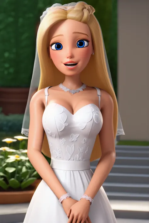 1 girl, 3D, Dreamhouse Adventures Style, Pixar Style, Barbie Roberts, long Blonde hair, blue eyes, pink lipstick, HaPpY face, GEnTLE SmILE, LOOKiNG aT VIEWEr, BRIde DRess, (HiGHLY DeTAilEd dresS), BRiDe VEil, GARDen BACKGrOuND, wHitE LONG GLOVES, ((Big BrE...