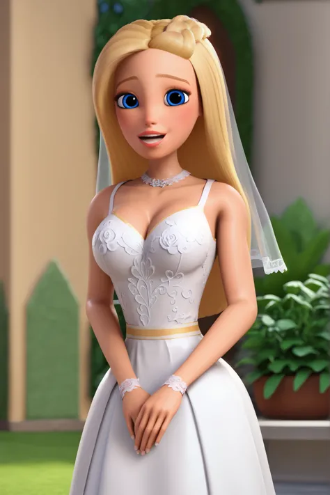 1 girl, 3D, Dreamhouse Adventures Style, Pixar Style, Barbie Roberts, long Blonde hair, blue eyes, pink lipstick, HaPpY face, GEnTLE SmILE, LOOKiNG aT VIEWEr, BRIde DRess, (HiGHLY DeTAilEd dresS), BRiDe VEil, GARDen BACKGrOuND, wHitE LONG GLOVES, ((Big BrE...