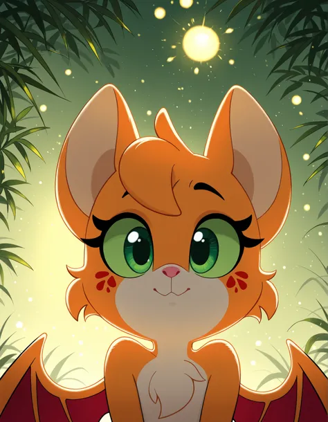 gaturo style, g4tur0,, masterpiece, best quality, very aesthetic, 1girl,, solo, furry, fidget \(elysian tail\), nimbat, fidget_daet, anthro, furry female, wings, tail, green eyes, colored sclera, bat wings, facial markings, orange fur, white fur, two-tone ...