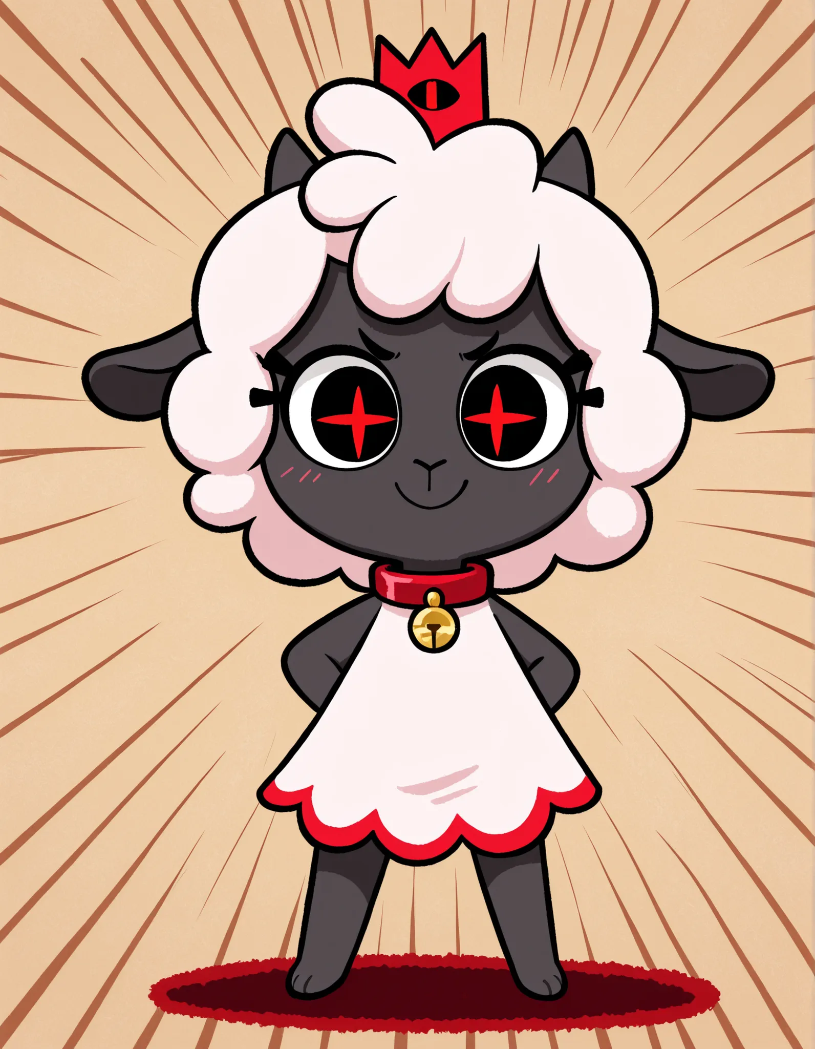 gaturo style, g4tur0,, masterpiece, best quality, very aesthetic, 1girl, solo, cult of the lamb, sheep girl, collar, horizontal pupils, red/black eyes, red crown,