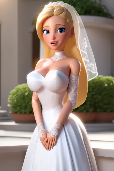 1 girl, 3D, Dreamhouse Adventures Style, Pixar Style, Barbie Roberts, long Blonde hair, blue eyes, pink lipstick, HaPpY face, GEnTLE SmILE, LOOKiNG aT VIEWEr, BRIde DRess, (HiGHLY DeTAilEd dresS), BRiDe VEil, GARDen BACKGrOuND, wHitE LONG GLOVES, ((Big BrE...