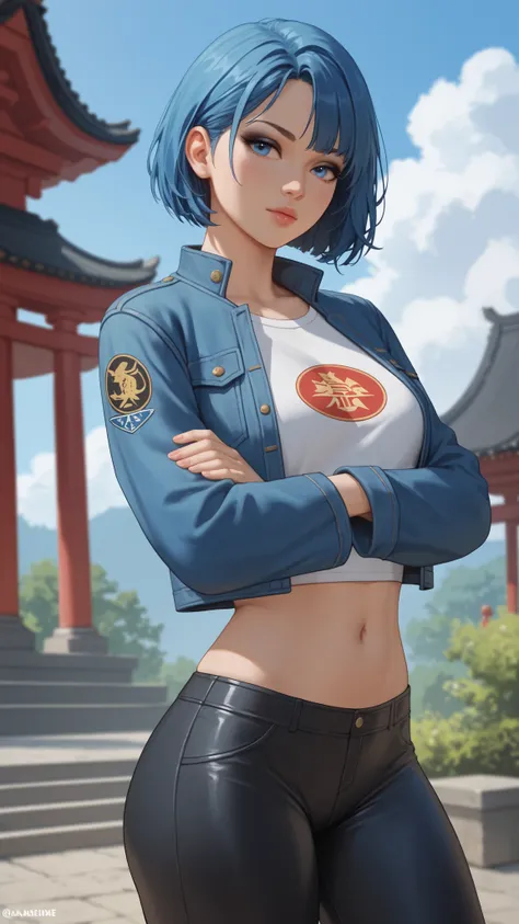 1 girl, masterpiece, black eyeshadow, blue eyes,alone, blue eyes, cropped jacket, blue hair, abdomen, short hair, cropped top, belly button, thick thighs, denim jacket, denim, leather pants, blue jacket, tight pants, exterior of an Asian Japanese garden, o...