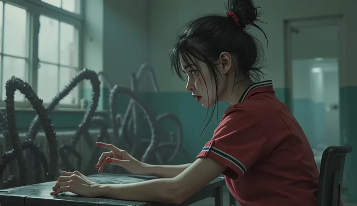 A frightened 20 year old Asian girl, beautiful face, black hair ties in a bun, wearing dark red nursing scrubs, sitting at a nursing station in a dark abandoned hospital, tentacles are coming up behind her in the background as she sits unaware, Eldritch ho...