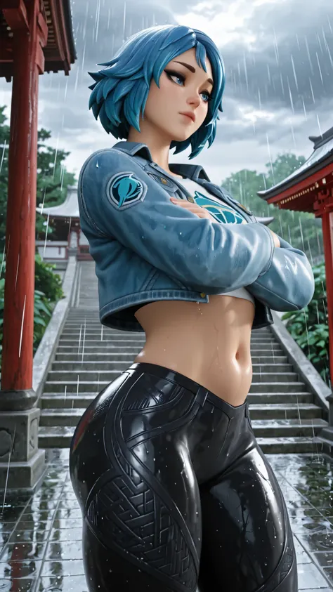 1 girl, masterpiece, black eyeshadow, blue eyes,alone, blue eyes, cropped jacket, blue hair, abdomen, short hair, cropped top, belly button, thick thighs, denim jacket, denim, leather pants, blue jacket, tight pants, exterior of an Asian Japanese garden, o...