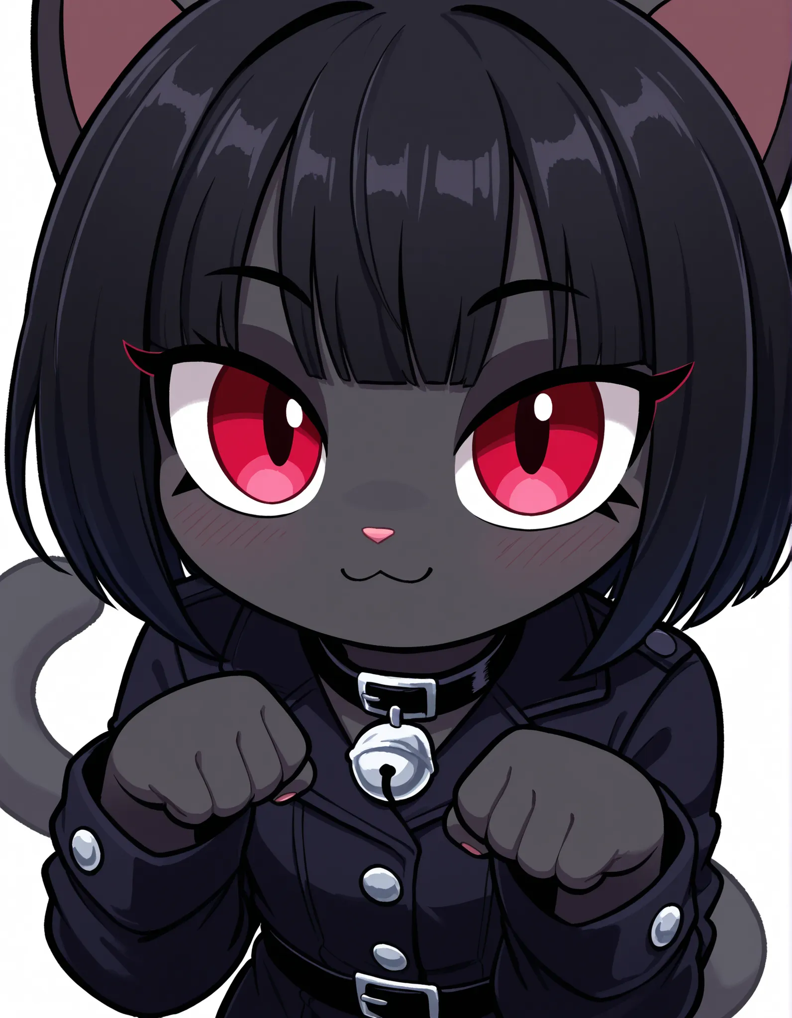 gaturo style, g4tur0,, masterpiece, best quality, very aesthetic, 1girl, solo, white background, looking at viewer, portrait, paw pose, :3, furry female, cat girl, animal ears, black hair, short hair, black skin, red eyes, cat tail, black jacket, buttons, ...