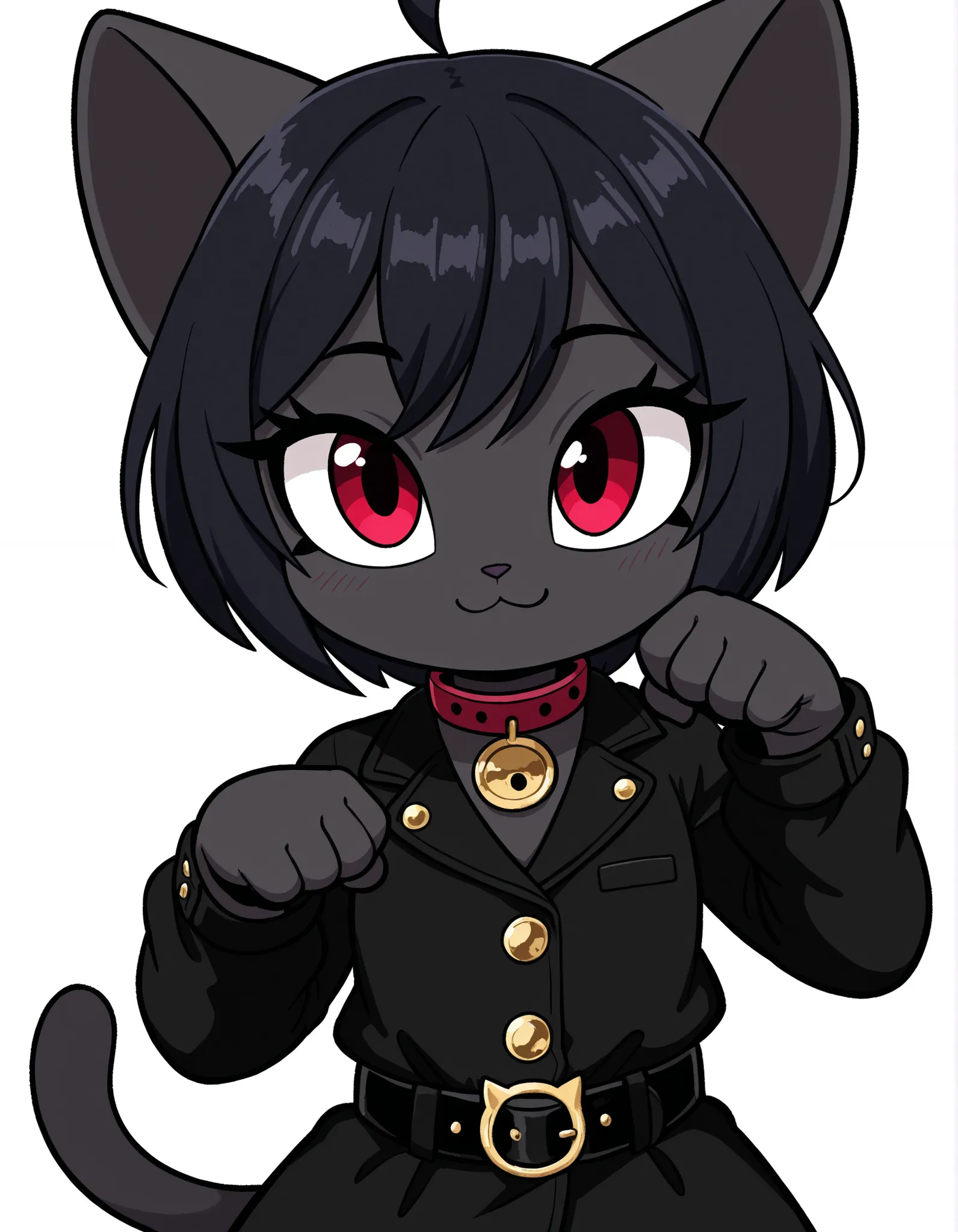 gaturo style, g4tur0,, masterpiece, best quality, very aesthetic, 1girl, solo, white background, looking at viewer, portrait, paw pose, :3, furry female, cat girl, animal ears, black hair, short hair, black skin, red eyes, cat tail, black jacket, buttons, ...