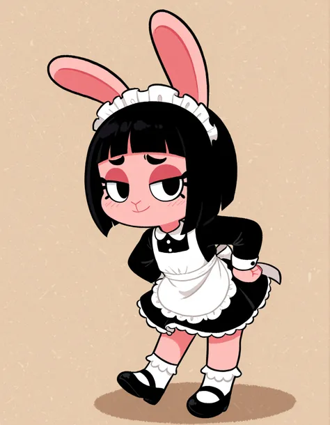 gaturo style, g4tur0,, one woman、solo, Maya Hell,black eyes,dark hair,bob cut,Maid Outfit、White Apron、White Headdress、 with rabbit ears、cafe