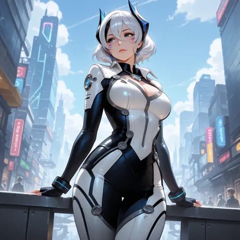 Make a character similar to Ouzen. Futuristic setting of a futuristic city. Roupas pretas