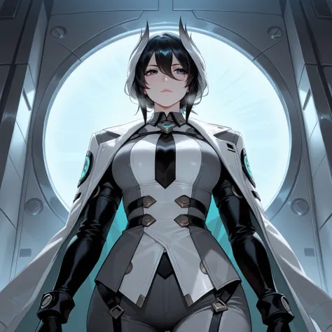 Make a character similar to Ouzen. Gloomy futuristic setting. black and gray clothes.